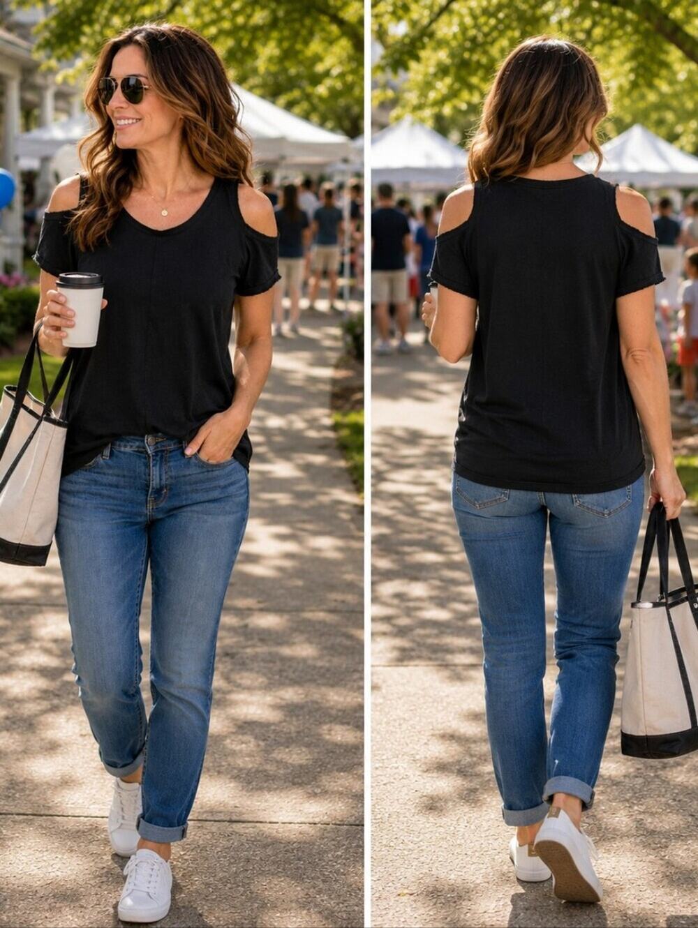 Black Cold Shoulder Knit Tee Top Casual Scoop Neck Raw Edge Bobeau Medium